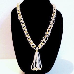 Vintage Woven Faux Pearl and Gold Bead Tassel Necklace